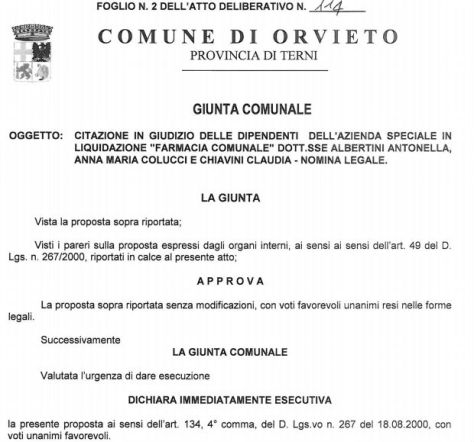 Estratto delle delibere di giunta n°117-2012 Relativa alla Causa alle dipendenti della farmacia comunale